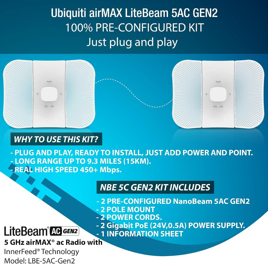 Wireless Bridge LBE-5AC-GEN2 PRE-CONFIGURED Bundle of 2 Ubiquiti LiteBeam 5AC GEN2, 2 Units Kit 100% Configured as Outdoor Point-to-Point Wi-Fi Bridge, Access Point, 450+ Mbps Speed, 15+ km Range,.