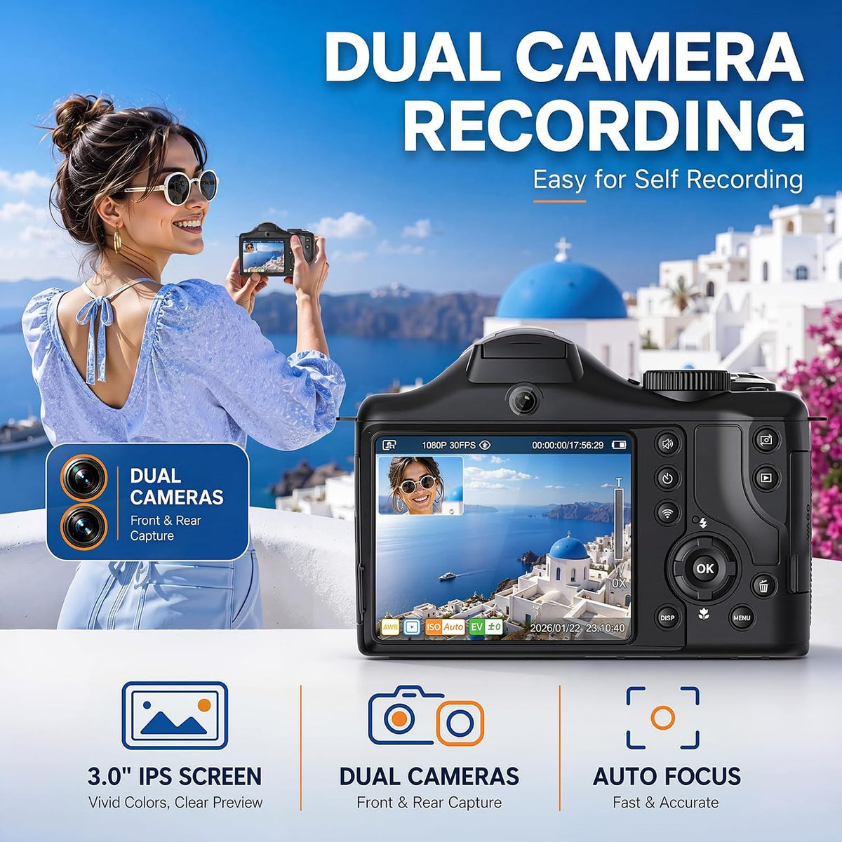 Vlogging Camera with Dual-View Recording, WiFi & Dual Cameras, 2000mAh, 8K