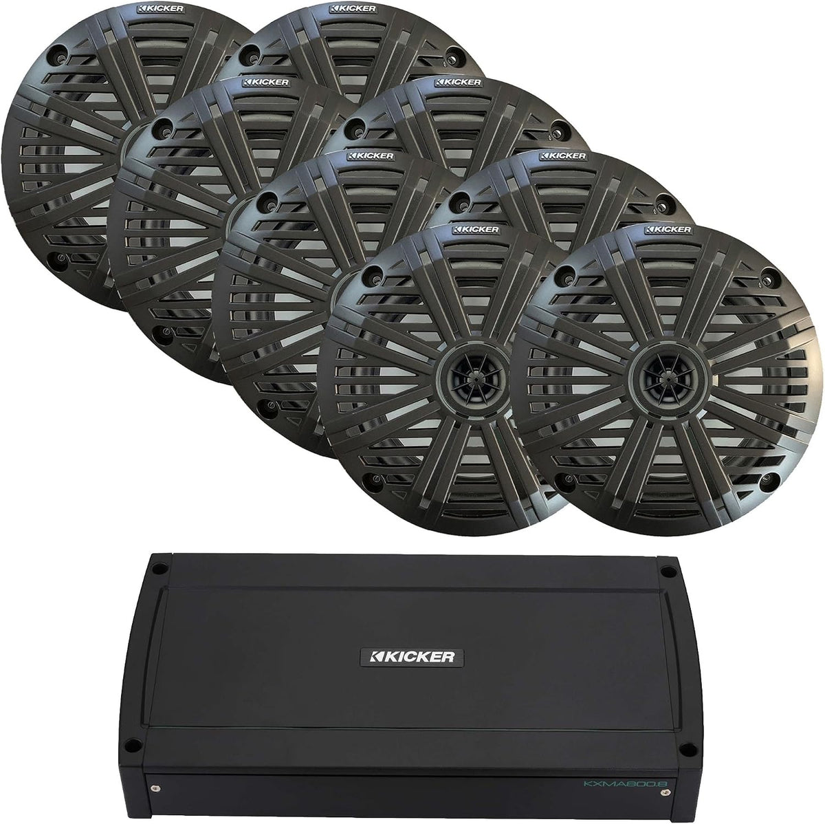 KICKER Marine Audio Bundle â (8) 6.5" 4-Ohm Coaxial Speakers Closed Grill (4 Pair) with 48KXMA800.8 800W 8-Channel Amplifier â OEM Replacement Boat System