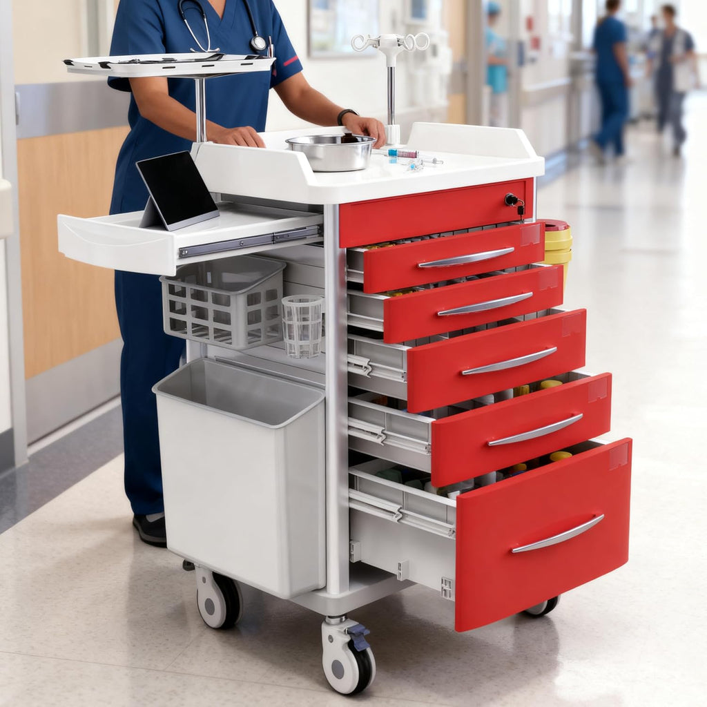 Medical Rolling Crash Cart with Integrated Medical Countertop