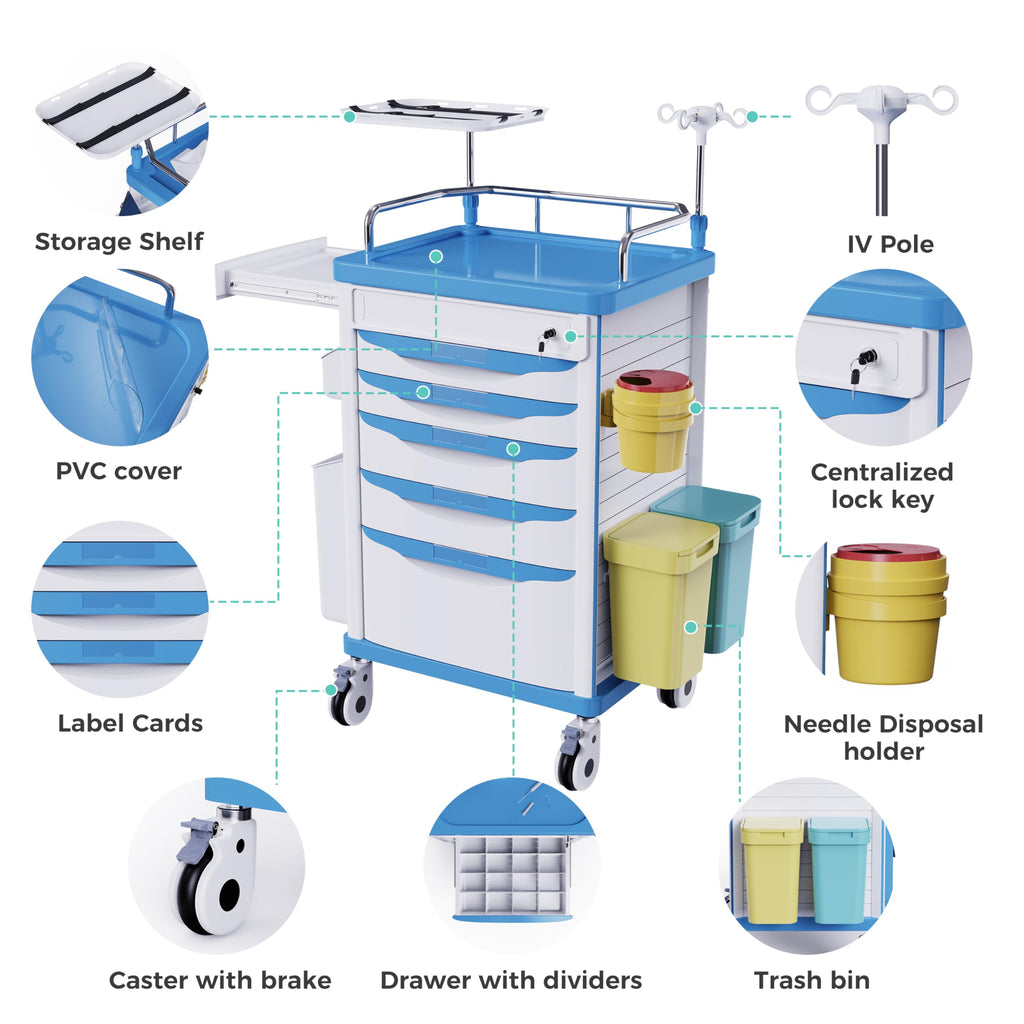 Medical Rolling Crash Cart with Integrated Medical Countertop