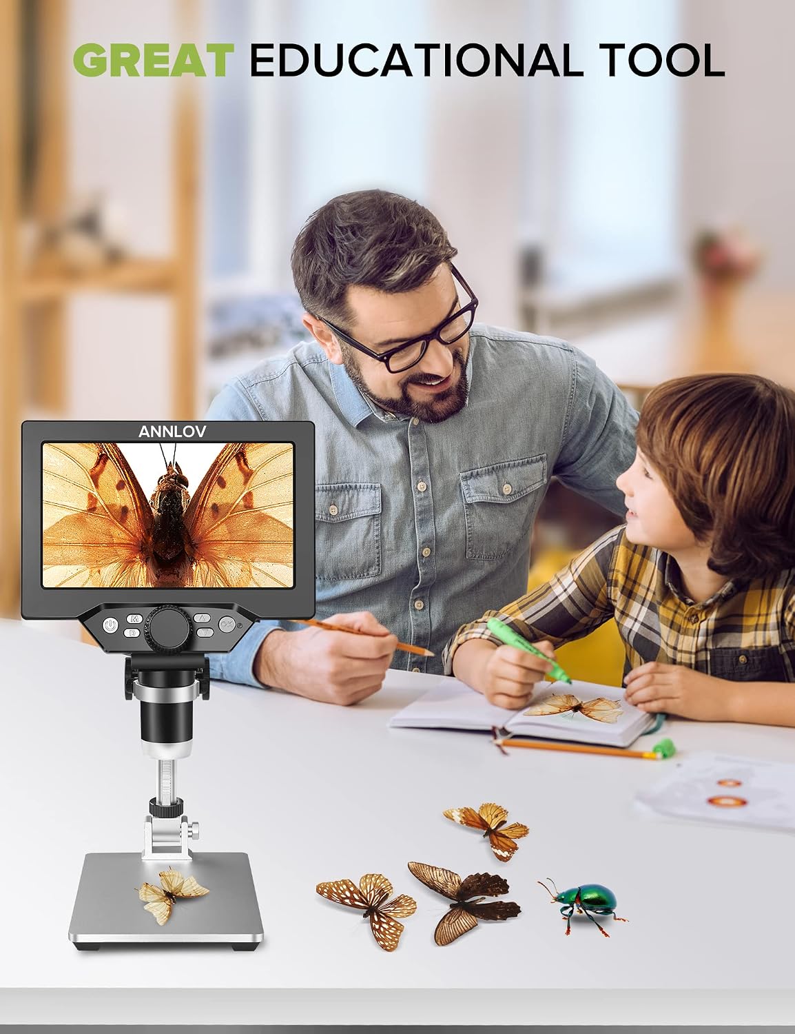 7" LCD Digital Microscope ANNLOV 1200X Maginfication 1080P Coin Microscope with Metal Stand,12MP Ultra-Precise Focusing Video Camera for Adults,8 LED Fill Lights Windows/Mac Compatible