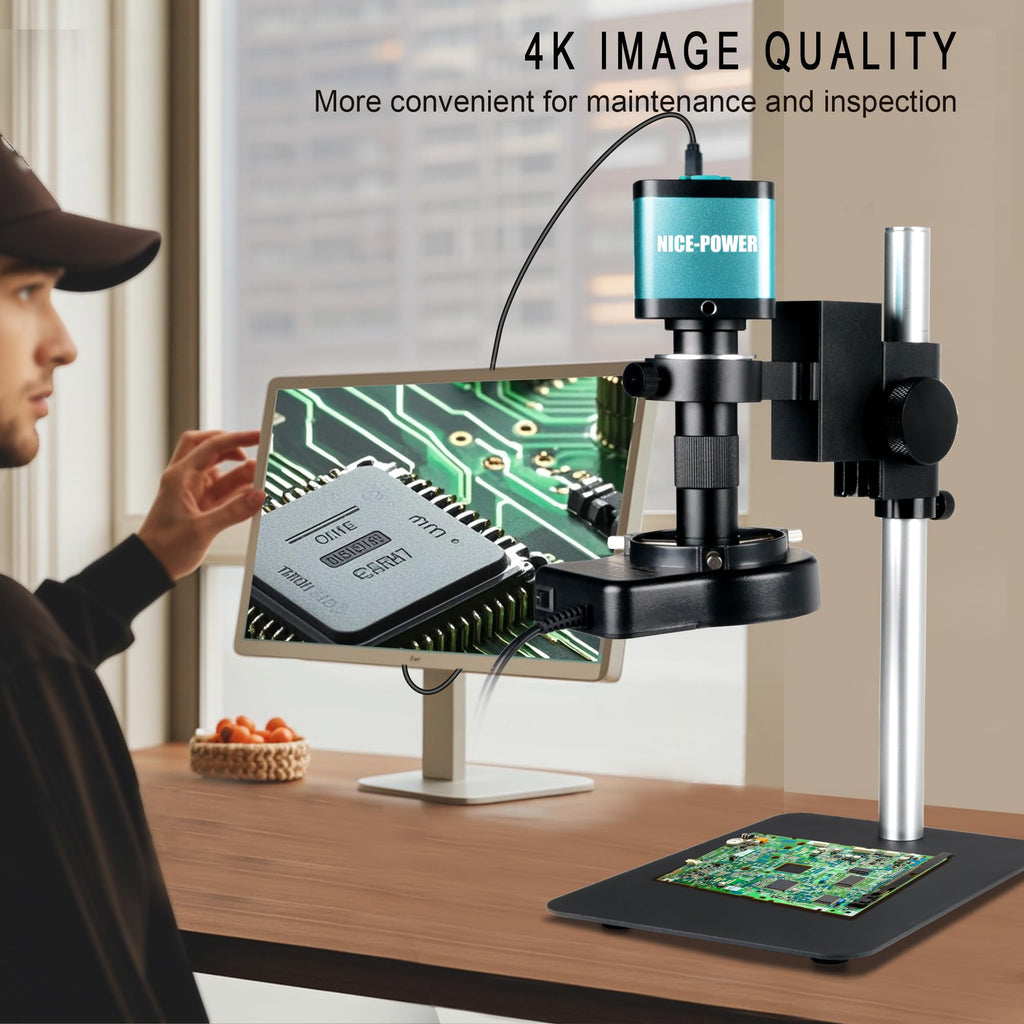 NICE-POWER Digital Microscope with Metal Base, 13MP 1080P HDMI VGA Industrial Microscope Magnifier, 130X Zoom C-Mount HD Lens, LED Ring Light, Soldering Electronic Repair Bench Microscopes