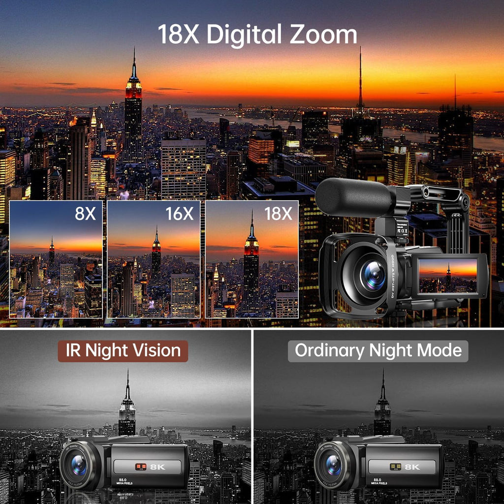 FlyFrost 8K Video Camera 88MP UHD WiFi Vlogging Cameras for YouTube 18X Digital Zoom IR Night Vision 3.0'' Touch Screen Camcorder with Microphone, Lens Hood, Stabilizer, Remote, Two Batteries