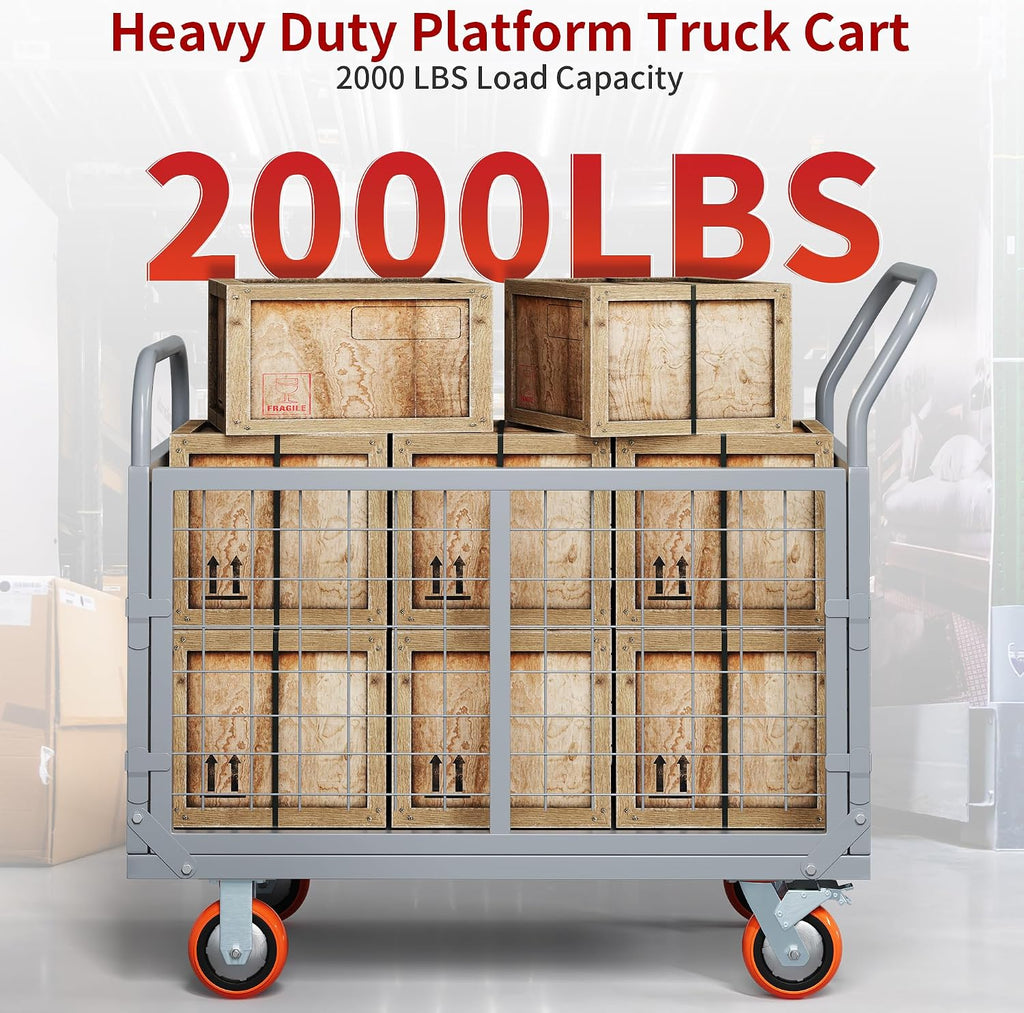YITAMOTOR 2000lbs Platform Truck Cart w/Cage, 6-in-1 Foldable Flatbed Cart