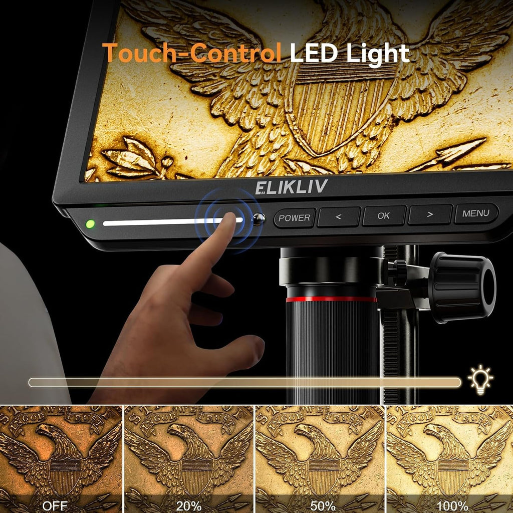Elikliv EM4K 4K Coin Digital Microscope, 8" 52MP HDMI Soldering Microscopes