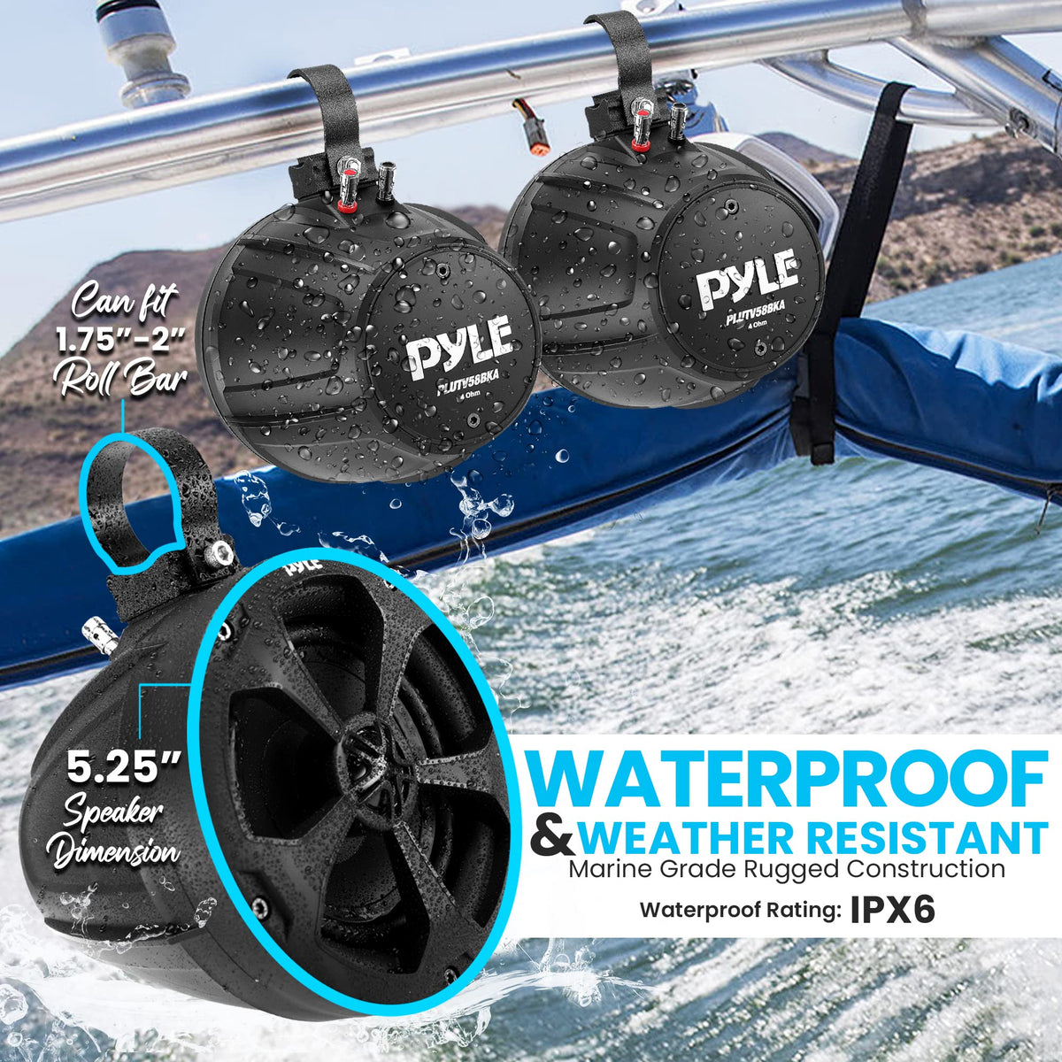 5.25'' Water Resistant Marine Speaker - 1000 Watt Amplifier + Wireless BT Audio Controller, Applicable to ATV, UTV, 4x4, Wired RCA, for Boat Stereo Speaker & Other Watercraft