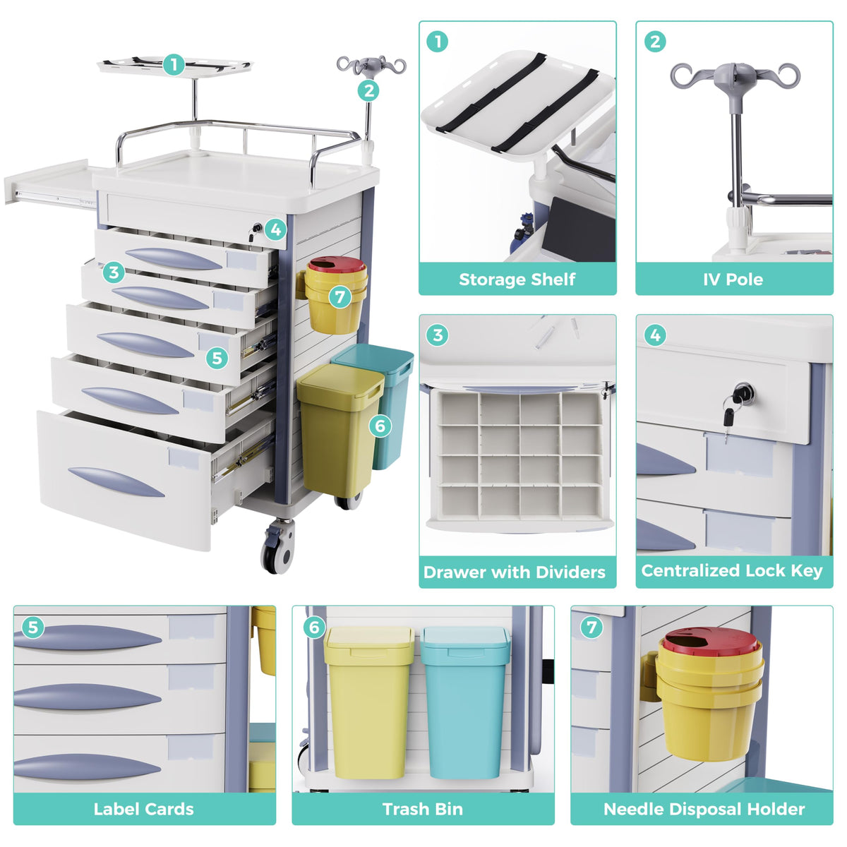 Medical Rolling Crash Cart with Integrated Medical Countertop