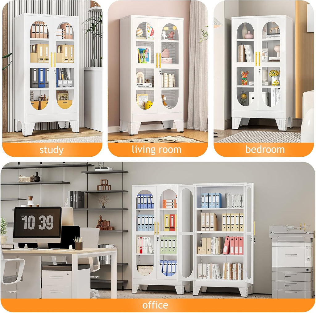 PAOFIN 47" H Locking Display Cabinet with Glass Door, Metal Cabinets with 3 Adjustable Shelves, Cabinet Display Case for Living Room, Collectibles, Clinic, Home - Assembly Required White