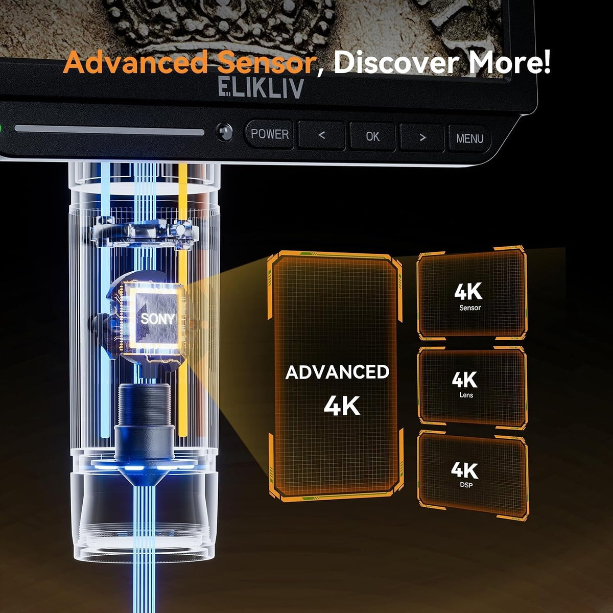 Elikliv EM4K 4K Coin Digital Microscope, 8" 52MP HDMI Soldering Microscopes