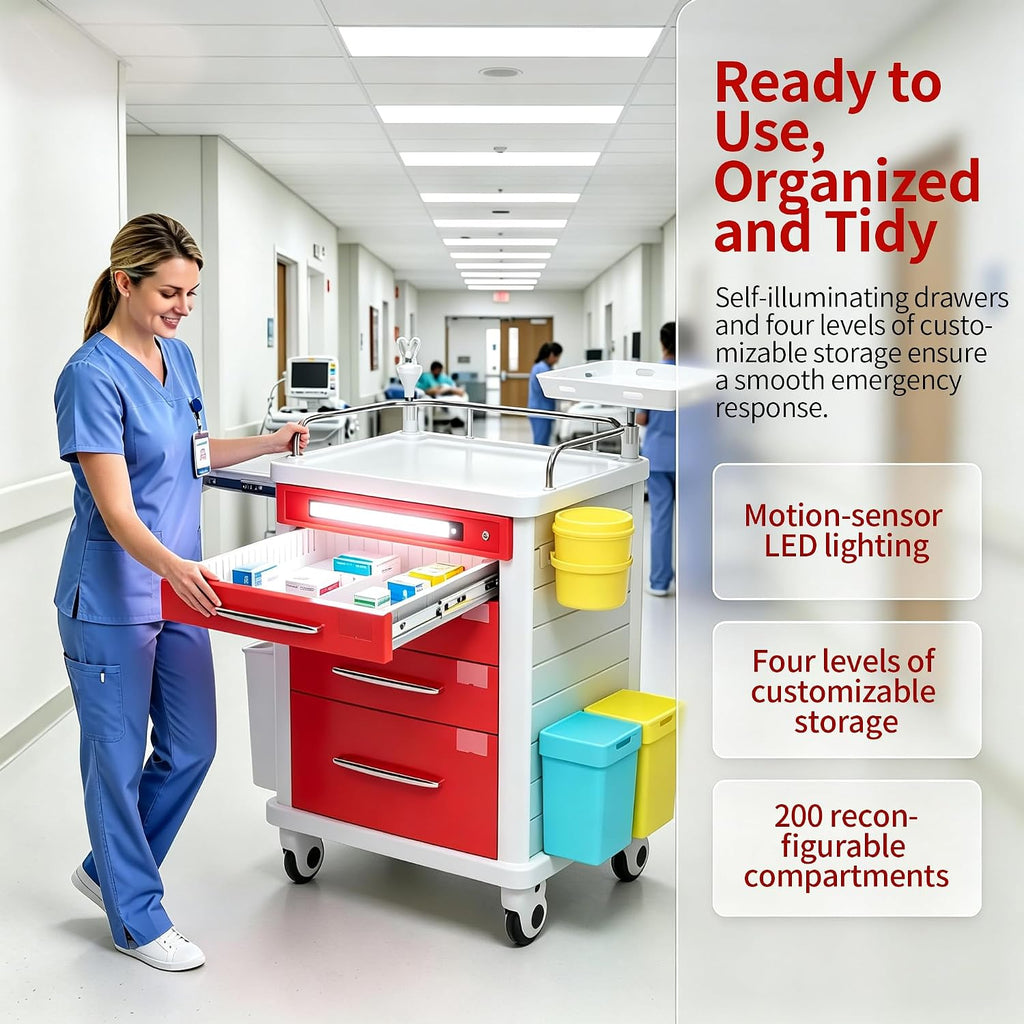 FDA Approved 4-Tier Medical Crash Cart with Auto-Sensing LED Lights