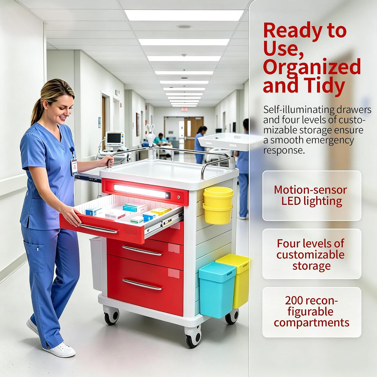 FDA Approved 4-Tier Medical Crash Cart with Auto-Sensing LED Lights