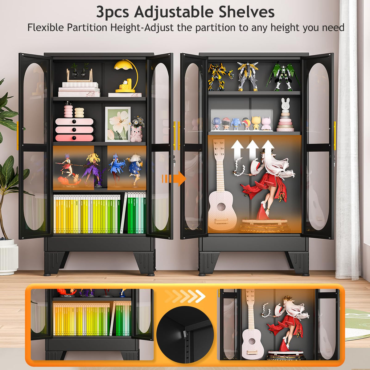 PAOFIN 47" H Locking Display Cabinet with Glass Door, Metal Cabinets with 3 Adjustable Shelves, Cabinet Display Case for Living Room, Collectibles, Clinic, Home - Assembly Required White