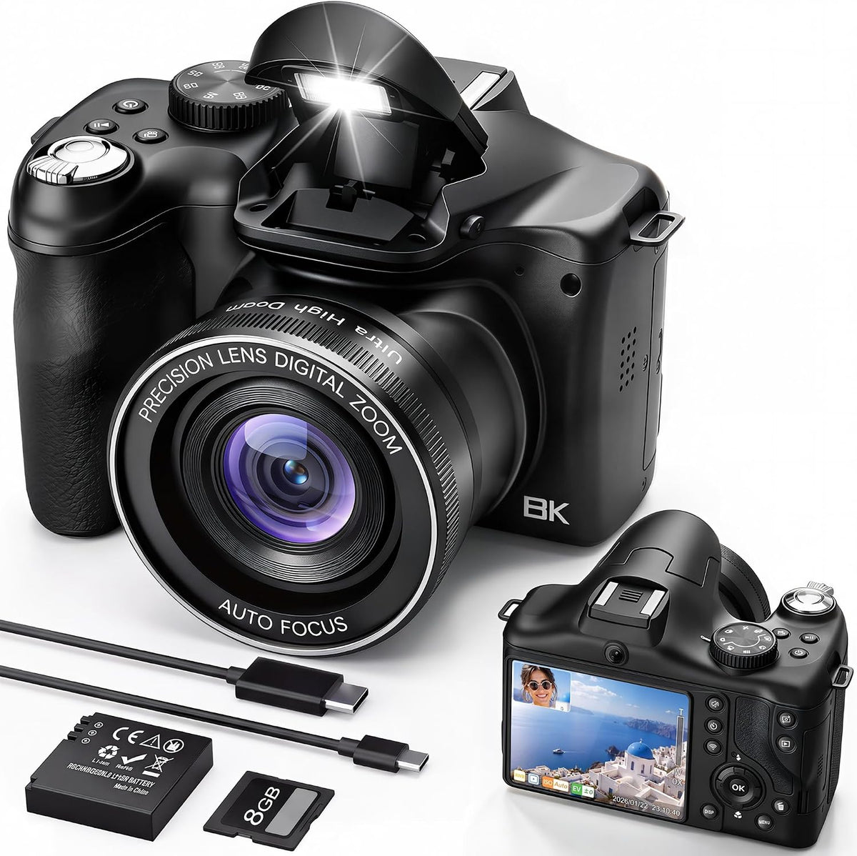 Vlogging Camera with Dual-View Recording, WiFi & Dual Cameras, 2000mAh, 8K