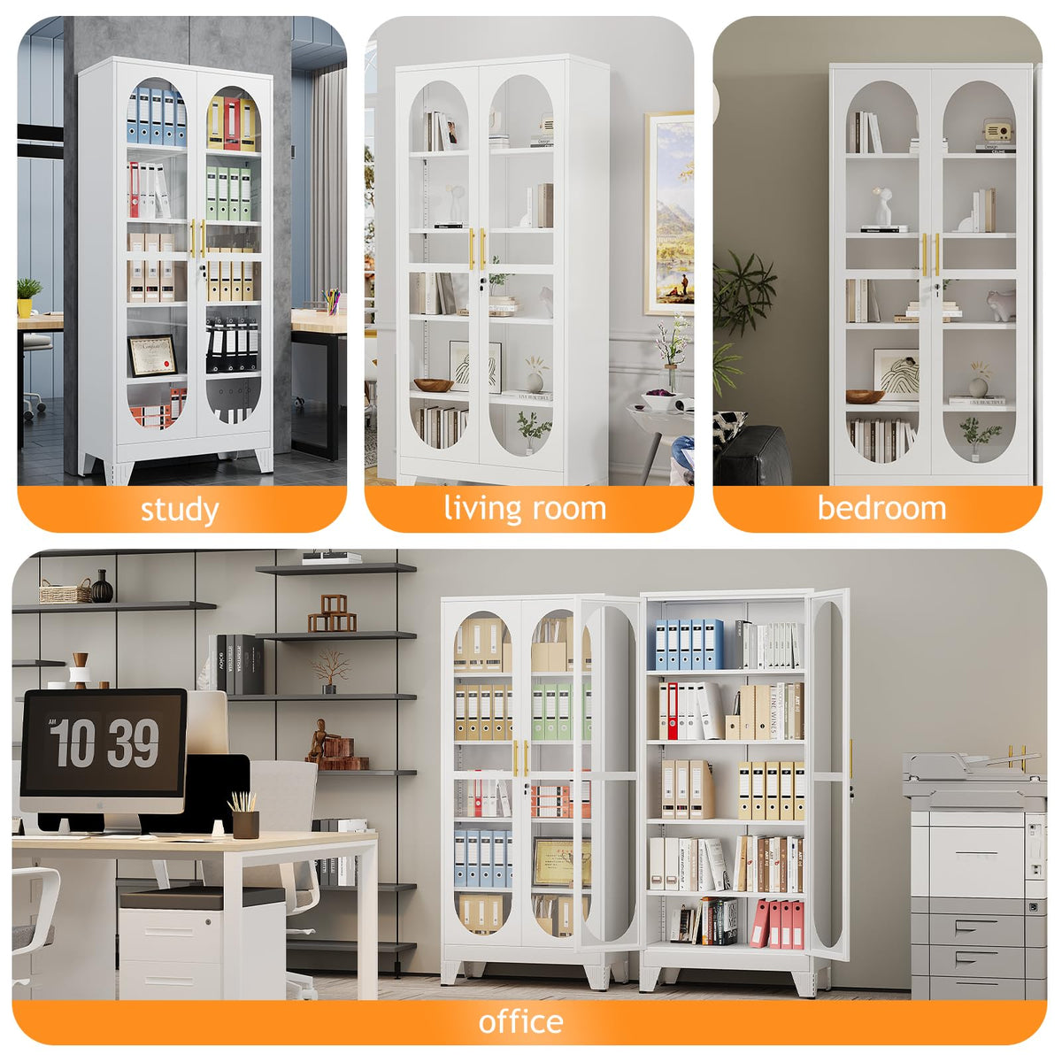 PAOFIN 47" H Locking Display Cabinet with Glass Door, Metal Cabinets with 3 Adjustable Shelves, Cabinet Display Case for Living Room, Collectibles, Clinic, Home - Assembly Required White