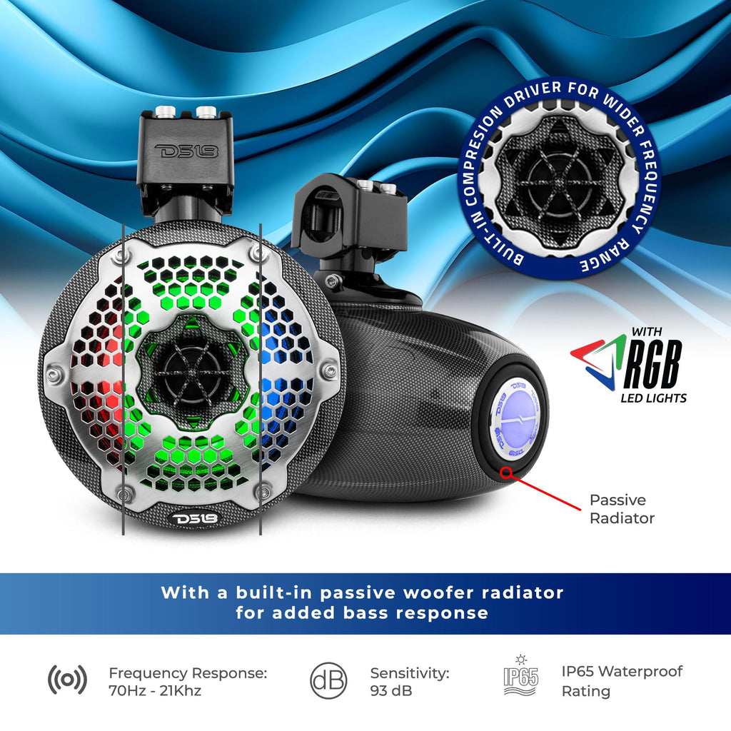 DS18 CF-X10TPNEO 10" Neodymium Marine Wakeboard Tower Speakers with Bullet Tweeter, Passive Radiator and RGB LED Lights - High Performance, Marine Grade IP65 Rated, 900W Max 300W RMS 4 Ohms (Pair)