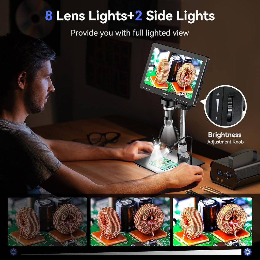 TOMLOV DM9 Max Digital Microscope: 20MP 10.1" 1500X HD IPS Coin Microscope Magnifier for Error Coins with Screen, LCD Soldering Microscopes for Adults, 10 LED Lights, PC/TV Compatible, 16GB