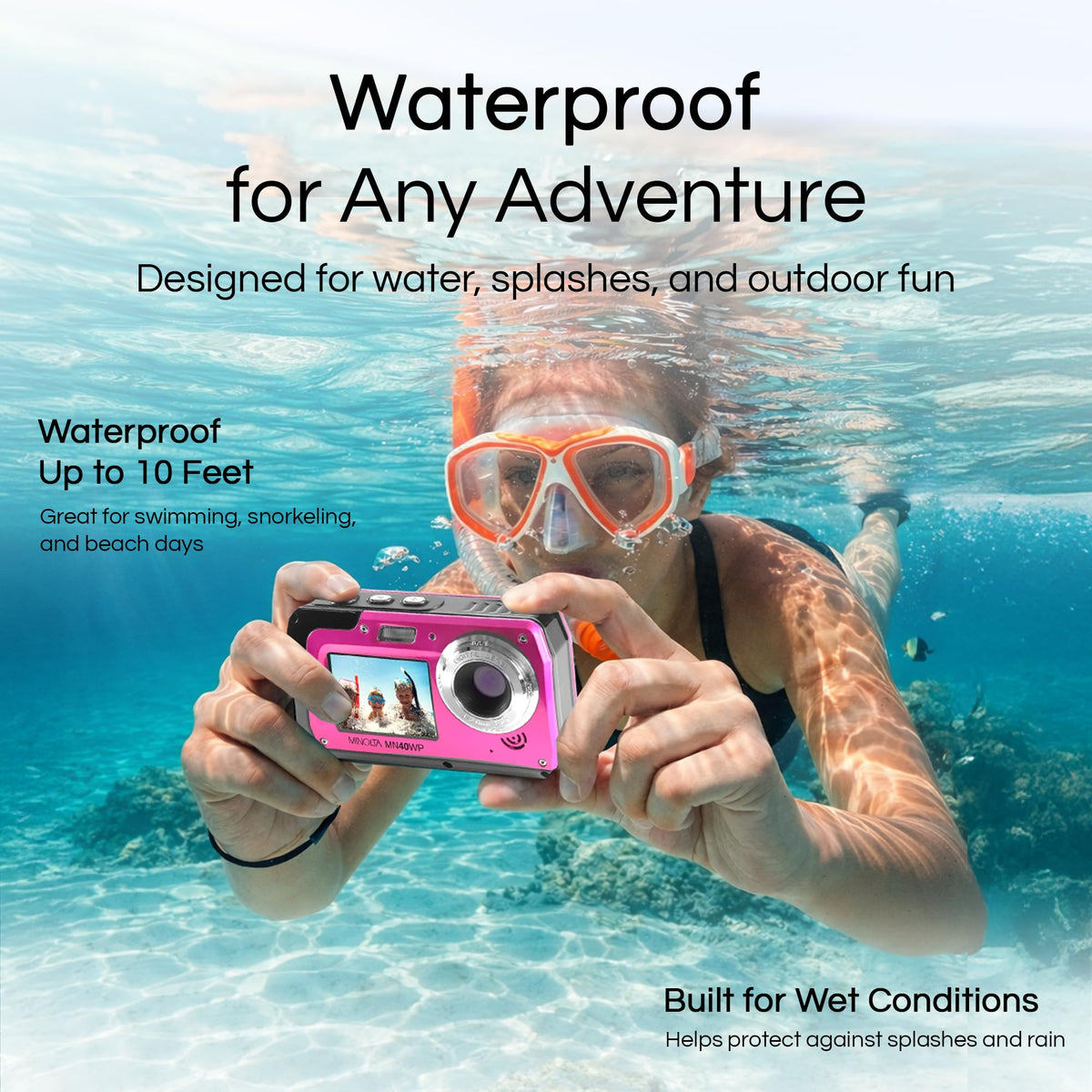 Minolta MN40WP 48MP QHD Dual LCD Screen Waterproof Camera, Blue