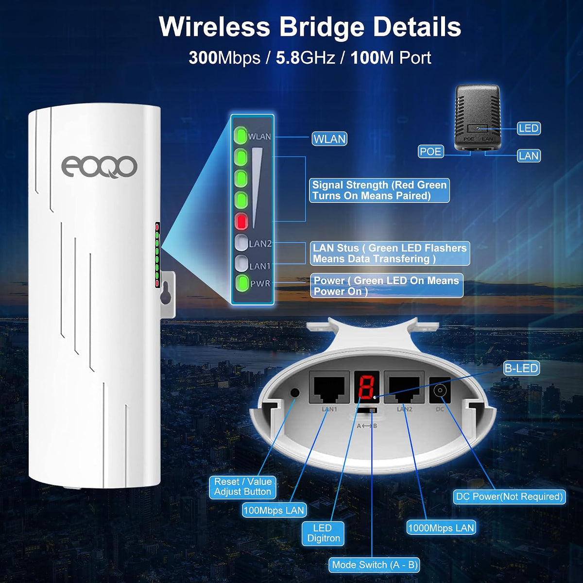 5.8GHz Outdoor Wireless Bridge Point to Point Access PTP/PTMP Plug & Play CPE Network 300Mbps 1.2ML Long Range WiFi Extender with 12DBI High Gain Antenna,POE Power Adapter
