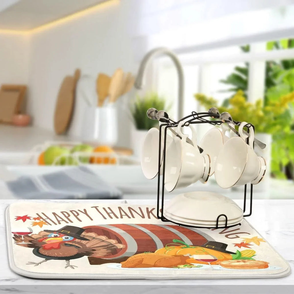 Harvest Wellsay Fall Mat Dry Kitchen Dish Dishes for Counter Accessories 16x18inch Turkey Happy Drainer Rack Pad Fast Dish Mats Autumn Drying Absorbent Thankgiving