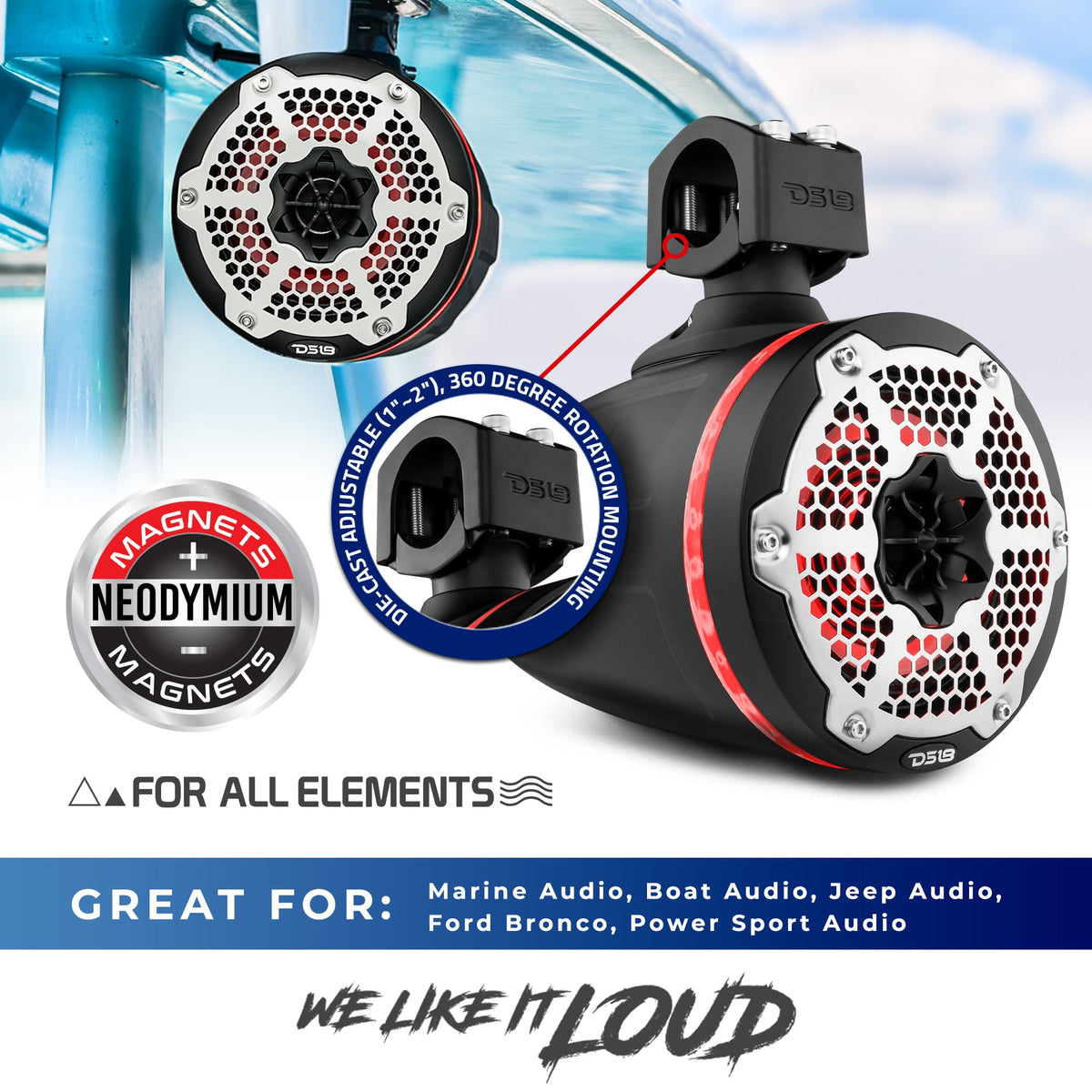 DS18 CF-X10TPNEO 10" Neodymium Marine Wakeboard Tower Speakers with Bullet Tweeter, Passive Radiator and RGB LED Lights - High Performance, Marine Grade IP65 Rated, 900W Max 300W RMS 4 Ohms (Pair)