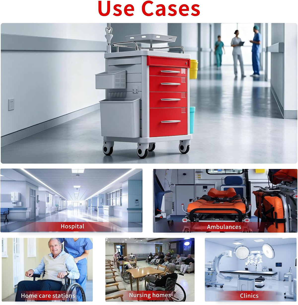 FDA Approved 4-Tier Medical Crash Cart with Auto-Sensing LED Lights