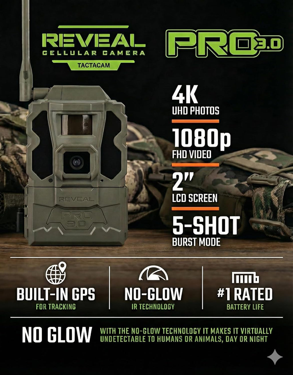 TACTACAM Reveal Pro 3.0 Cellular Trail Camera - Multi-Cellular Network, GPS, 2" LCD, No-Glow IR, Wi-Fi Enabled, HD Photos & 1080p Videos, Fast Trigger with Cleaning Cloth (2PK)