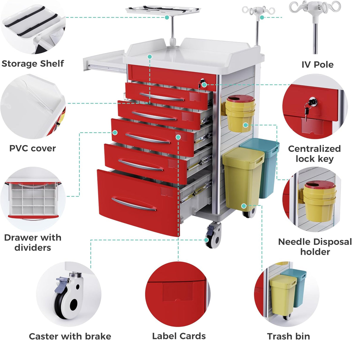 Medical Rolling Crash Cart with Integrated Medical Countertop