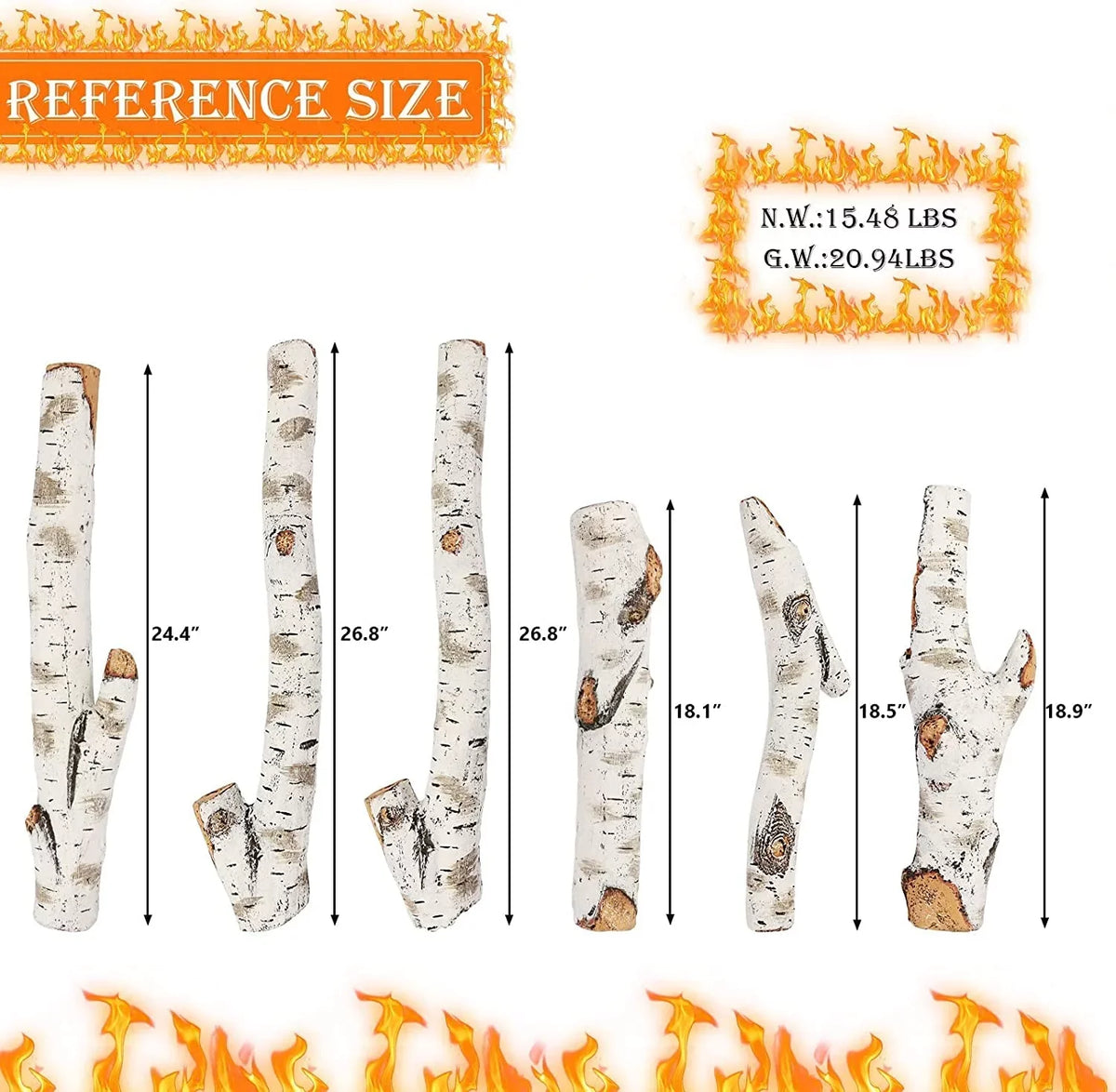 Grisun 26.8" Large Gas Fireplace Logs, Ceramic White Birch Wood Logs For Indoor Inserts, Outdoor Firebowl, Fire Pits, Vented, Propane, Gel, Ethanol, Electric, Realistic Fireplace Decoration, 6 Pcs
