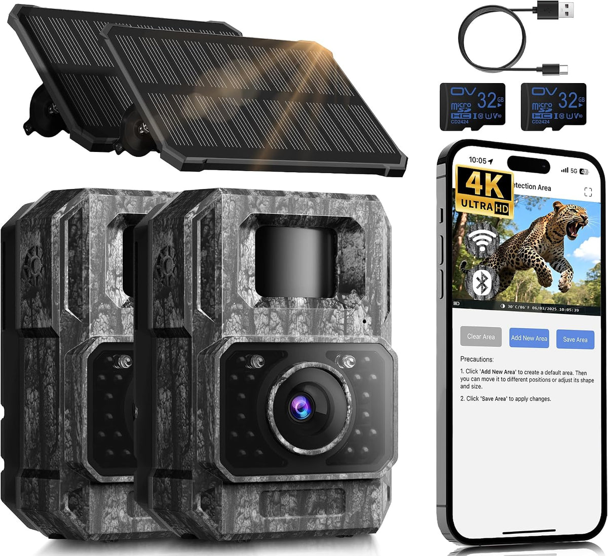 MAXDONE Solar Trail Camera 2 Pack, 4K 64MP WiFi Bluetooth Game Camera