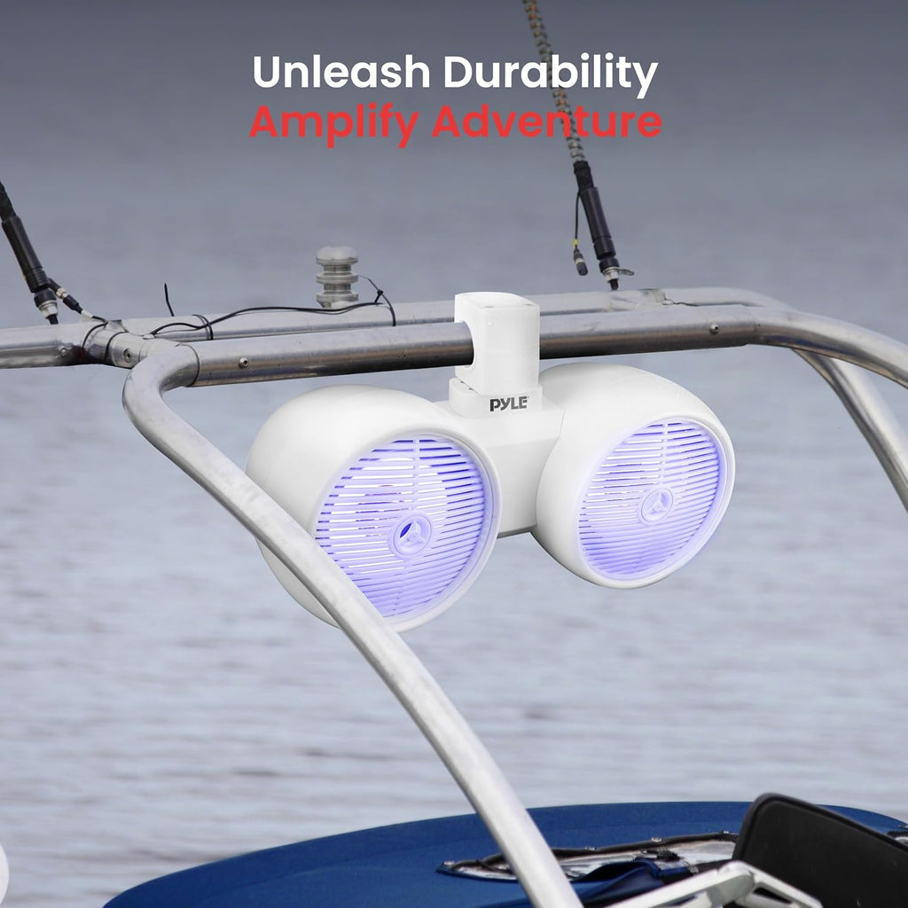 Pyle Dual Bluetooth Off-Road Speakers - 8â 300W 2-Way Marine Waterproof Wakeboard Tower Sound System w/LED Light, Full Range Outdoor Stereo Speaker for Car ATV Jeep Boat, Includes Brackets (White)
