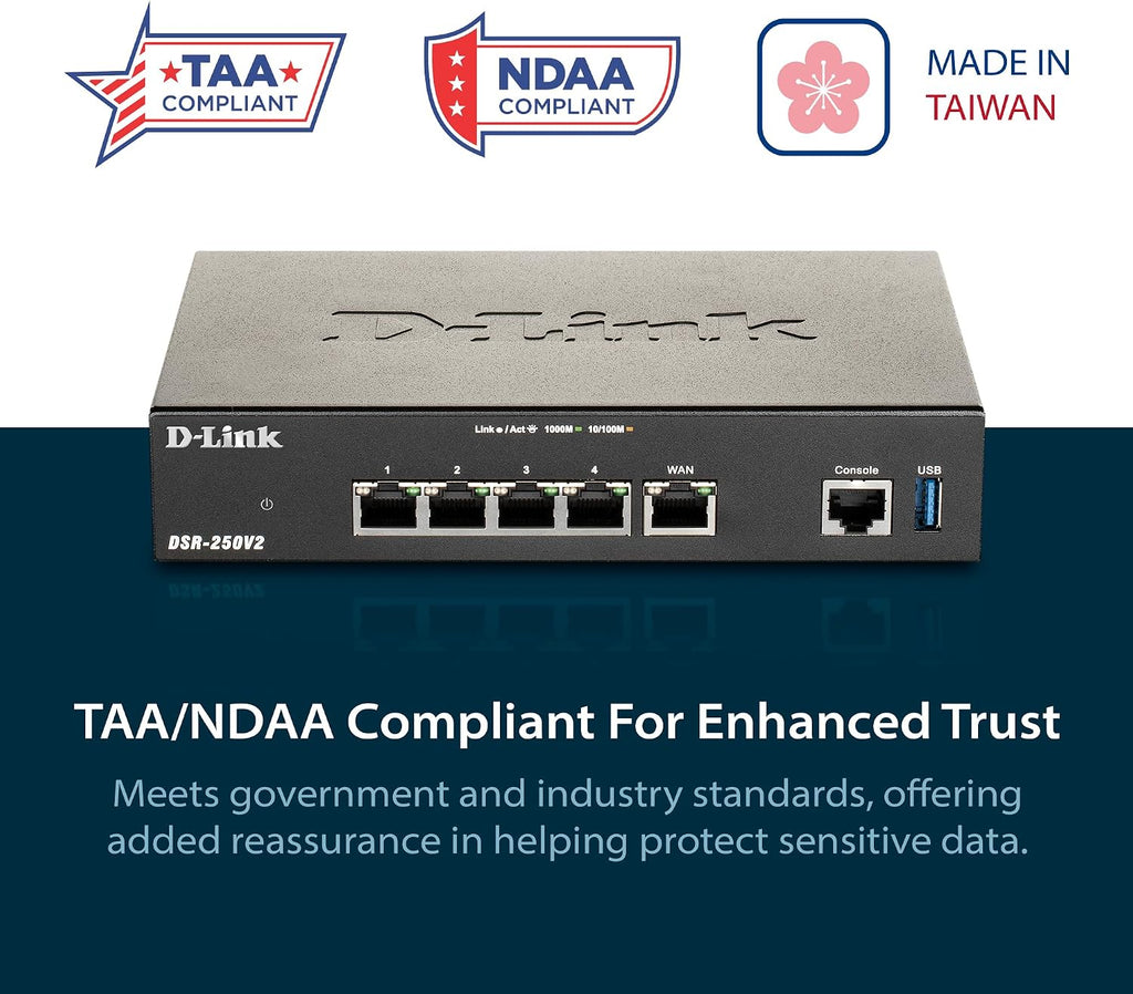 D-Link Gigabit VPN Router âPerfect for Remote and Hybrid Work â4 Port Gigabit Dual WAN Failover âEnterprise-Grade Encryption âFollows TAA/NDAAâLimited Lifetime Protection (DSR-250V2)
