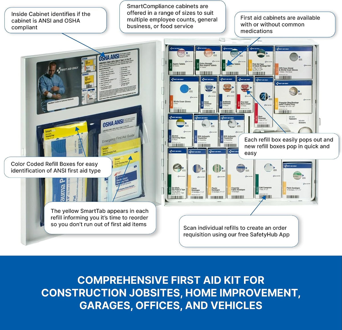 First Aid Only 746000 SmartCompliance 50-Person ANSI A+ and OSHA Compliant First Aid Kit for Business, Large Metal First Aid Cabinet with Medications, 241 Pieces