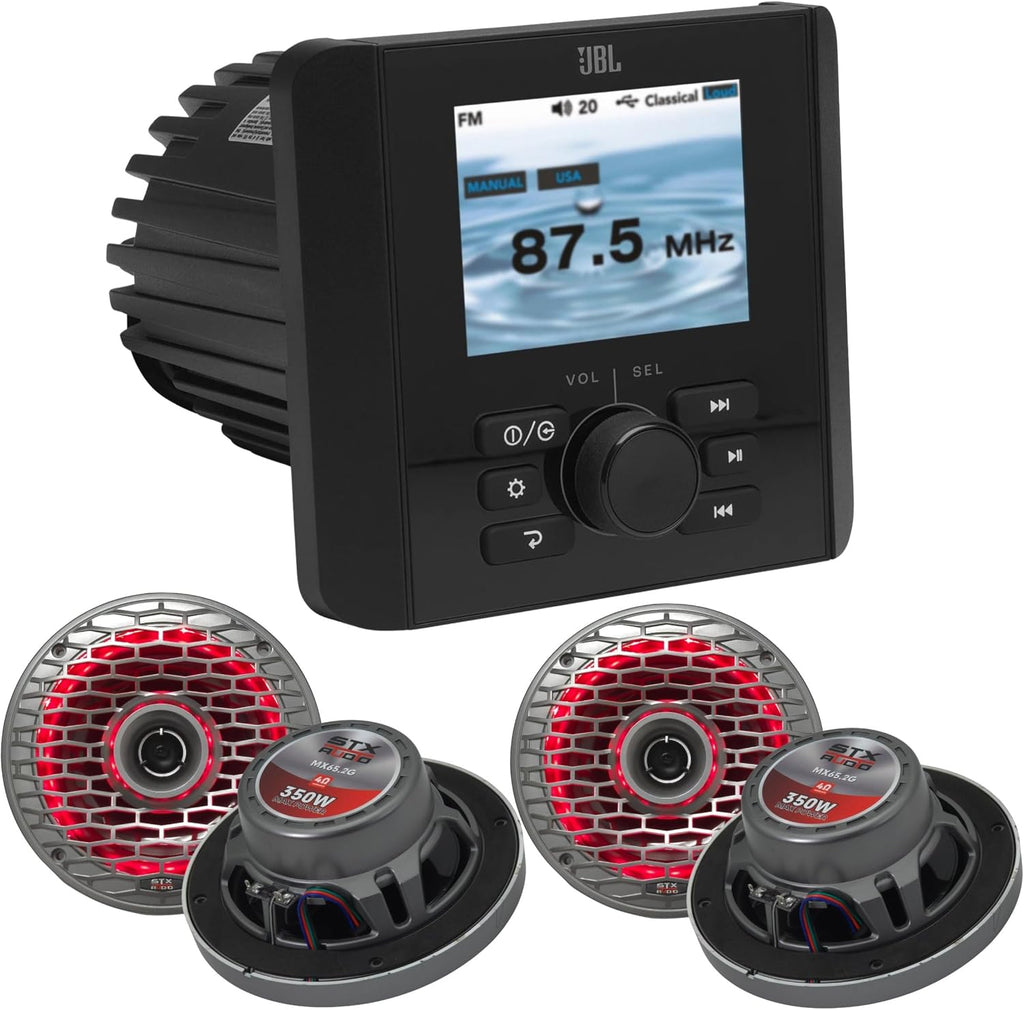 JBL JAM5000N Marine Gauge Receiver Bluetooth AM/FM 3-Zone + 4X STX Audio MX65.2G 6.5" RGB Marine Speakers (1400W Max) - Marine Stereo System