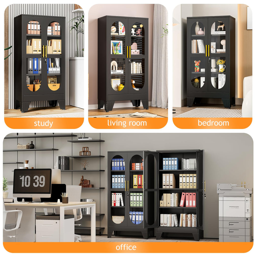 PAOFIN 47" H Locking Display Cabinet with Glass Door, Metal Cabinets with 3 Adjustable Shelves, Cabinet Display Case for Living Room, Collectibles, Clinic, Home - Assembly Required White