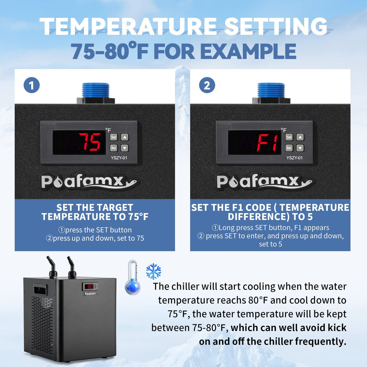 Poafamx 1/3 HP Aquarium Chiller, Quiet Fish Tank Water Chiller 40-80 Gal