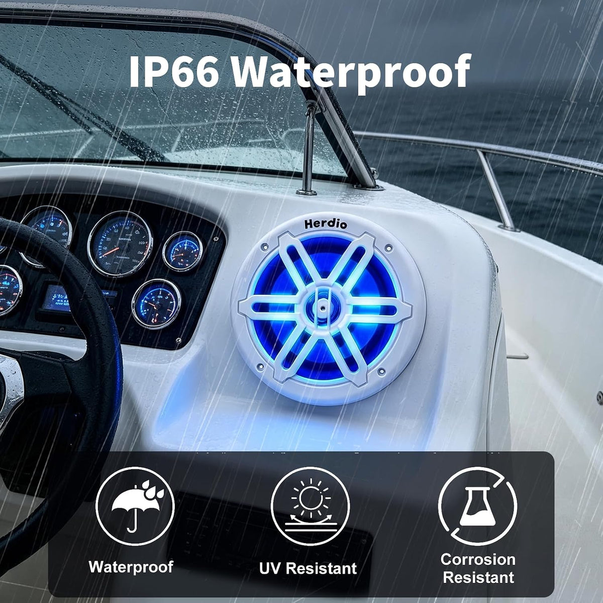 Herdio 6.5 Inch 350W Bluetooth Marine Speakers with Blue LED Light - 2 Way Waterproof Coaxial Speakers for Boats, ATVs, UTVs (A Pair, White)