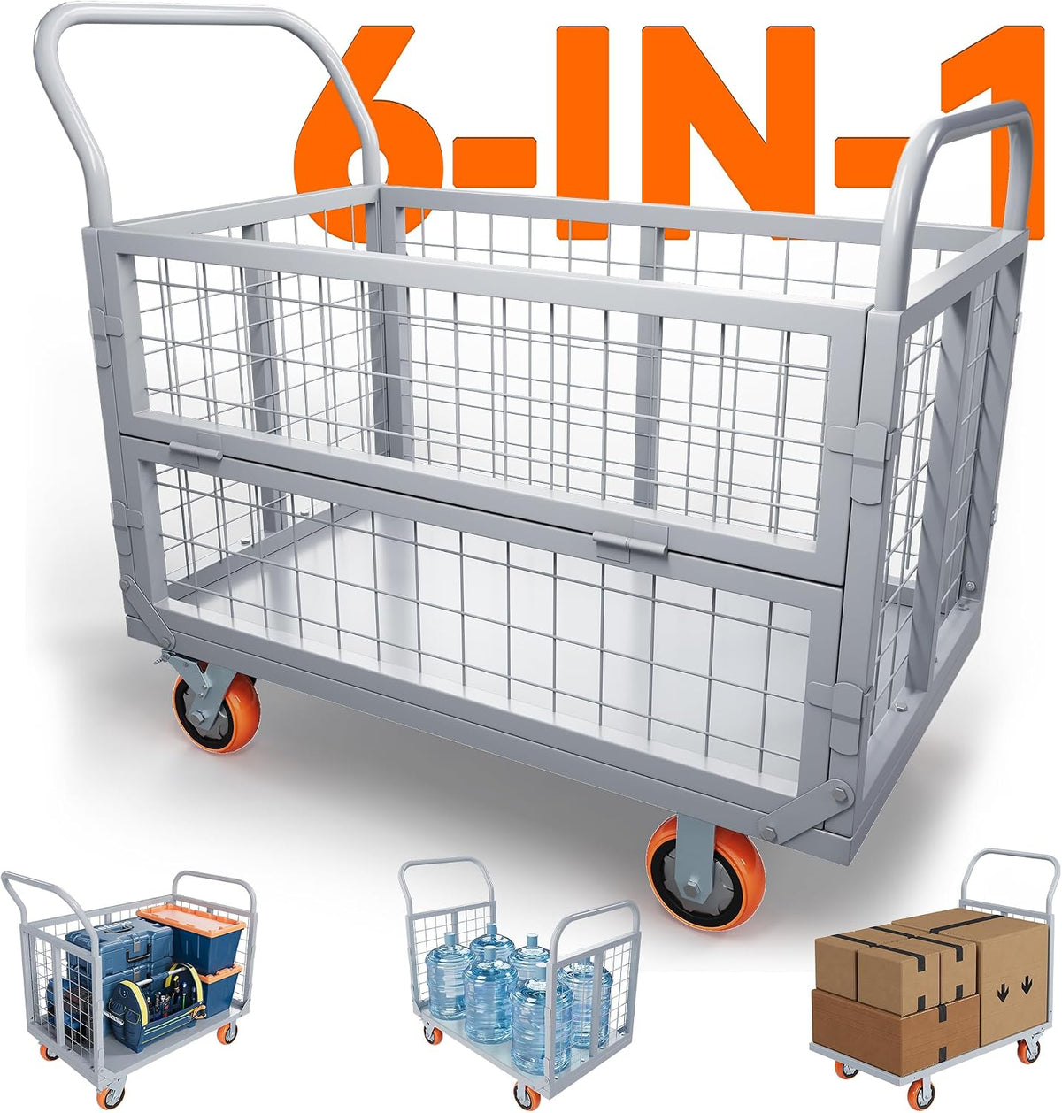 YITAMOTOR 2000lbs Platform Truck Cart w/Cage, 6-in-1 Foldable Flatbed Cart