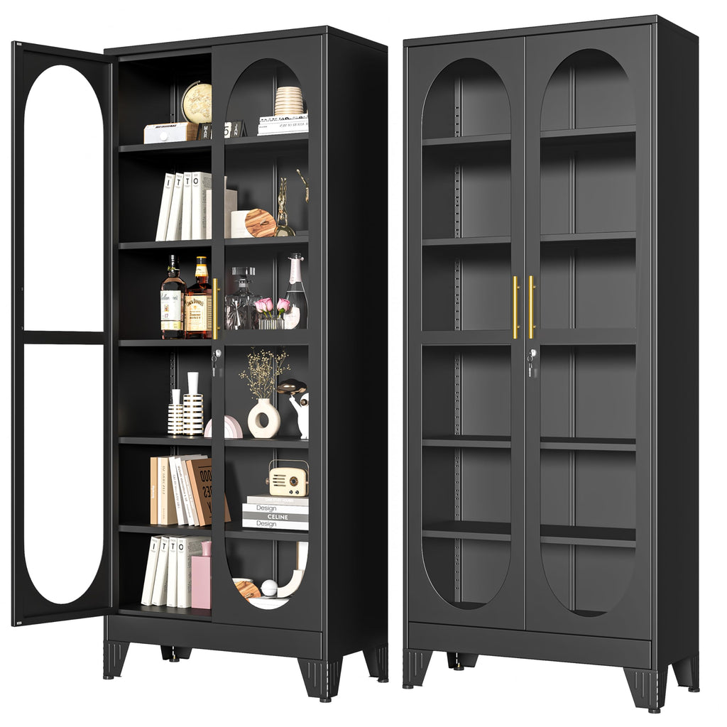 PAOFIN 47" H Locking Display Cabinet with Glass Door, Metal Cabinets with 3 Adjustable Shelves, Cabinet Display Case for Living Room, Collectibles, Clinic, Home - Assembly Required White