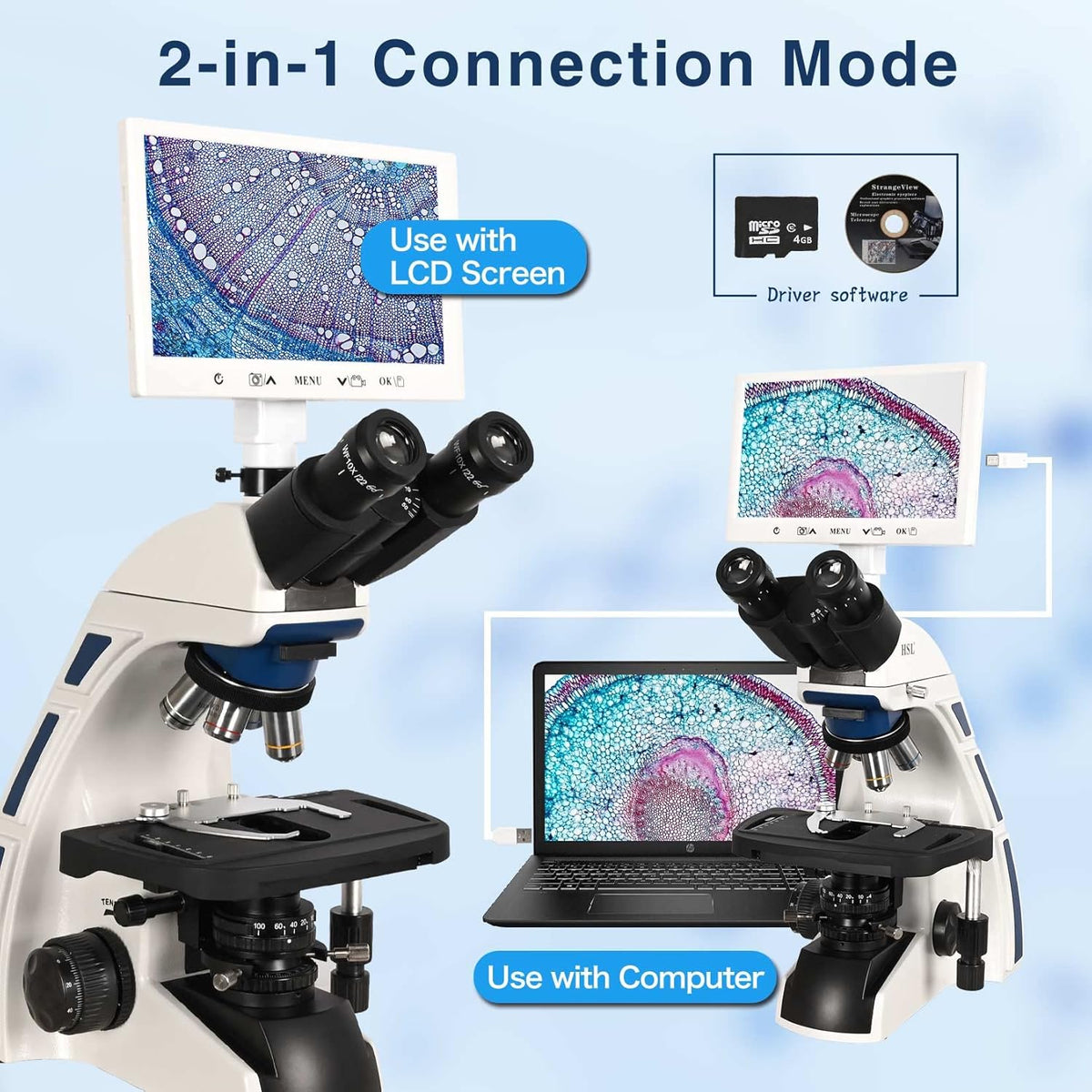 HSL Trinocular Compound Microscope for Adults Professional,9 inch LCD Digital Microscope kit,Electron microscopes Light,Biological Microscope LAB with Screen 400x 1000x Micro Scope