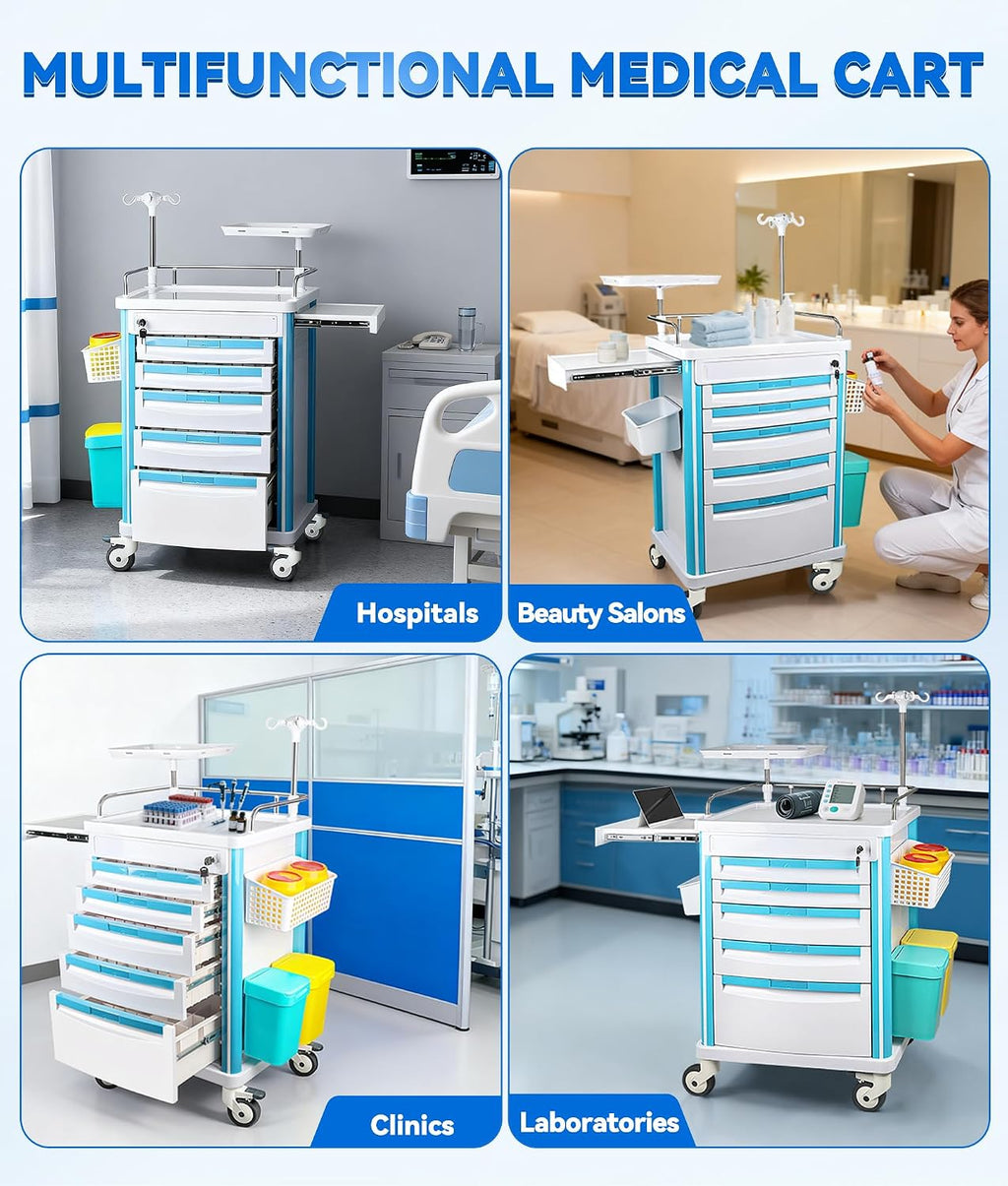Medical Rolling Crash Cart with 5 Drawers, Emergency Cart with Power Strip, Central Lock, IV Pole, O2 Holder, Defibrillator Shelf, CPR Board for Hospital Clinic