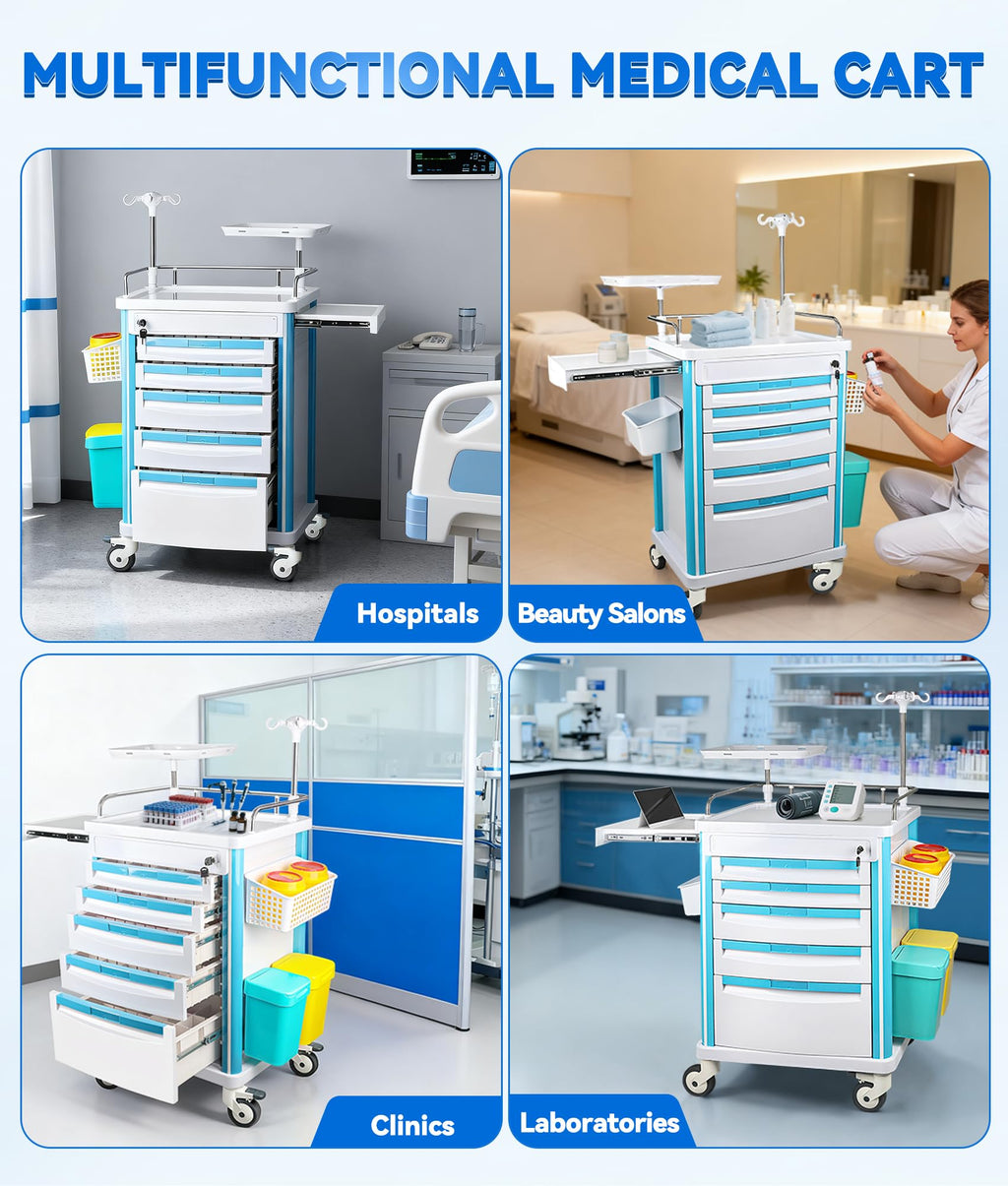 Medication Cart, Medical Rolling Storage Crash Cart with Wheels & Drawers, Ultrasound Nursing Emergency Cart with IV Pole,Casters, Holder, Trash Bin for Clinic, Hospital (24 * 22 * 28IN, 1 Drawer)
