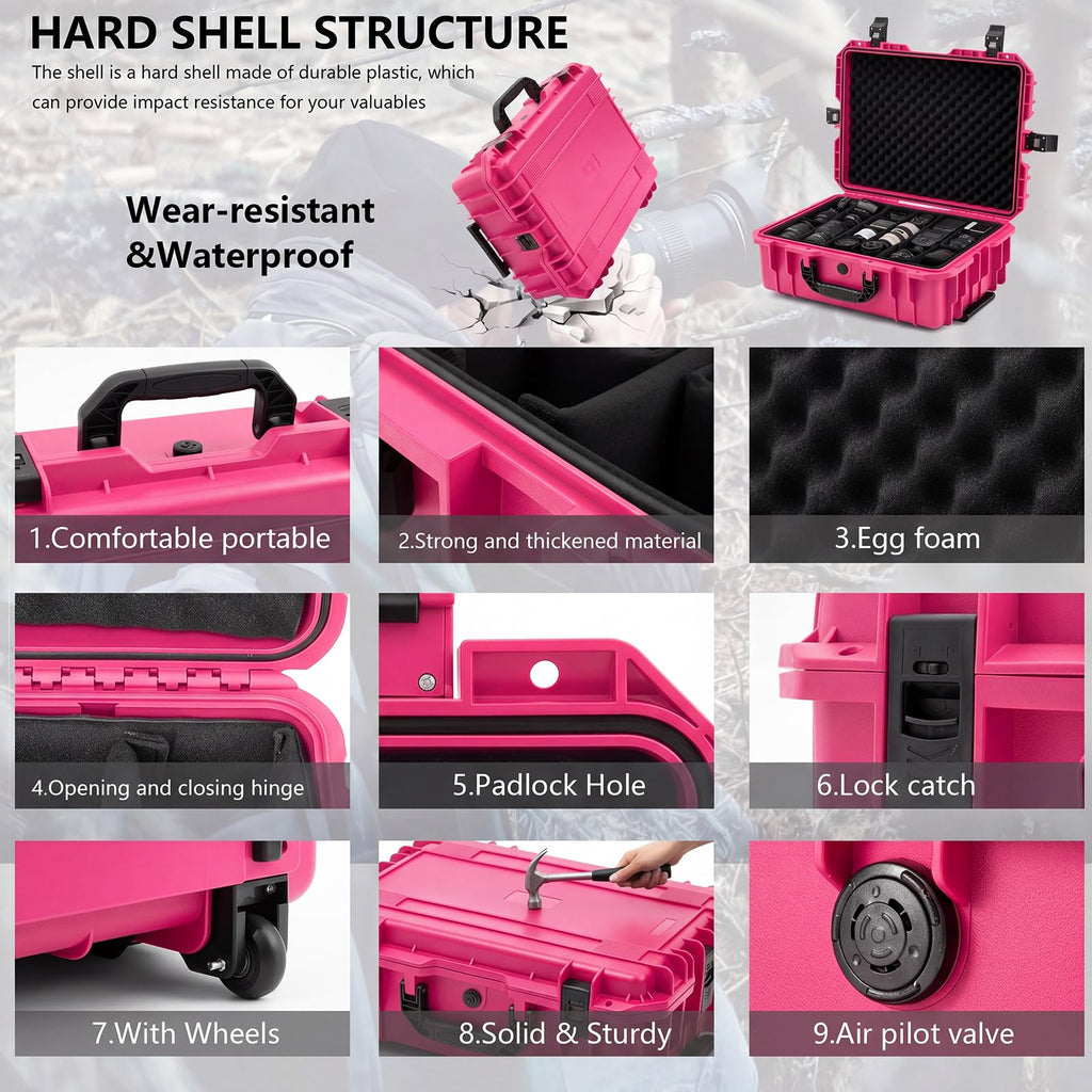 Relaxweex Rolling Camera Hard Case with 15 Padded Dividers & Wheels