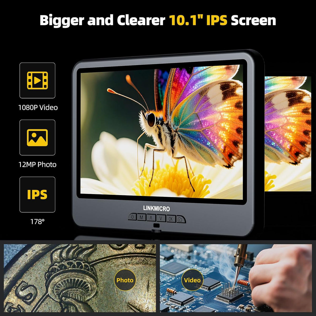 LM109A 10.1" Digital Microscope, Flexible Arm Stand with C-Clamp