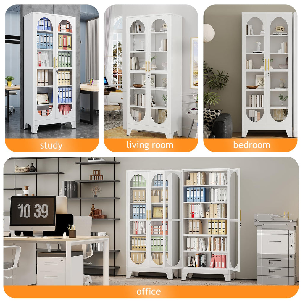 PAOFIN 47" H Locking Display Cabinet with Glass Door, Metal Cabinets with 3 Adjustable Shelves, Cabinet Display Case for Living Room, Collectibles, Clinic, Home - Assembly Required White