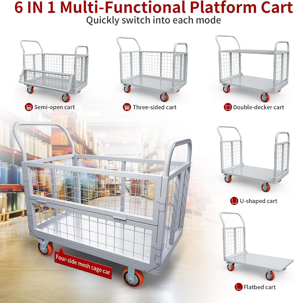 YITAMOTOR 2000lbs Platform Truck Cart w/Cage, 6-in-1 Foldable Flatbed Cart