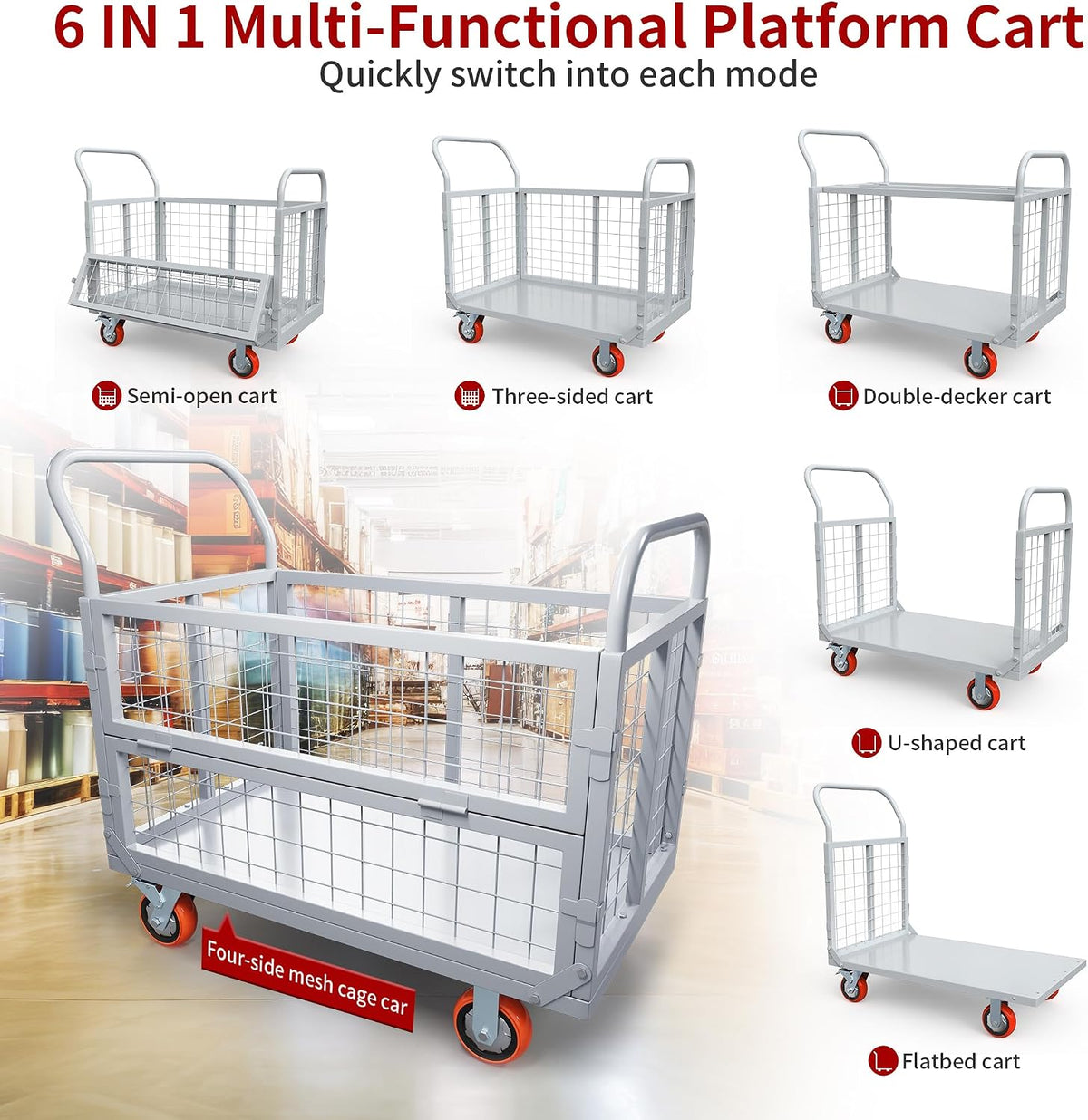 YITAMOTOR 2000lbs Platform Truck Cart w/Cage, 6-in-1 Foldable Flatbed Cart