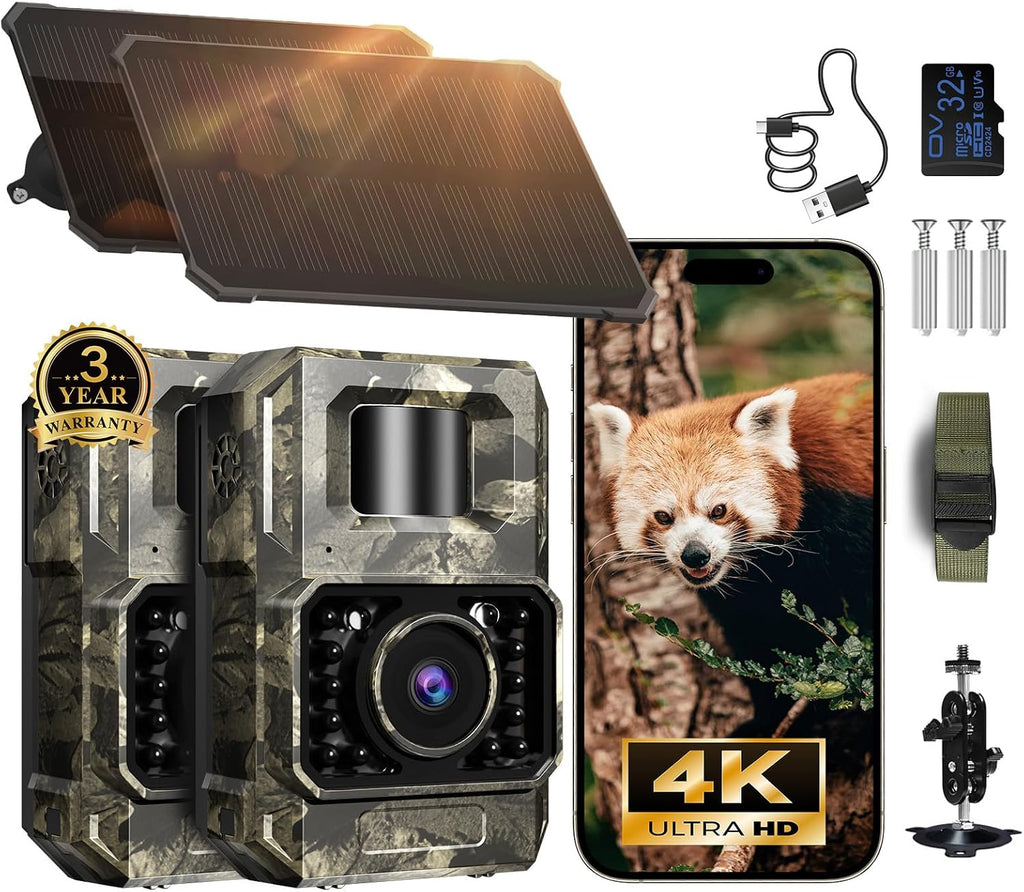 MAXDONE 2Pack Solar Trail Camera, 4K WiFi Bluetooth Night Vision GameCamera