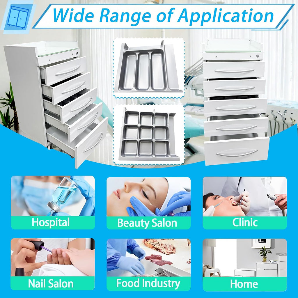 5-Drawer Mobile Storage Cabinet Stainless Steel Medical Storage Cart White Utility Trolley Cart with Glass Countertop, Lock, 2 Trays, Silent Gliding Rails for Home Clinic Hospital Office