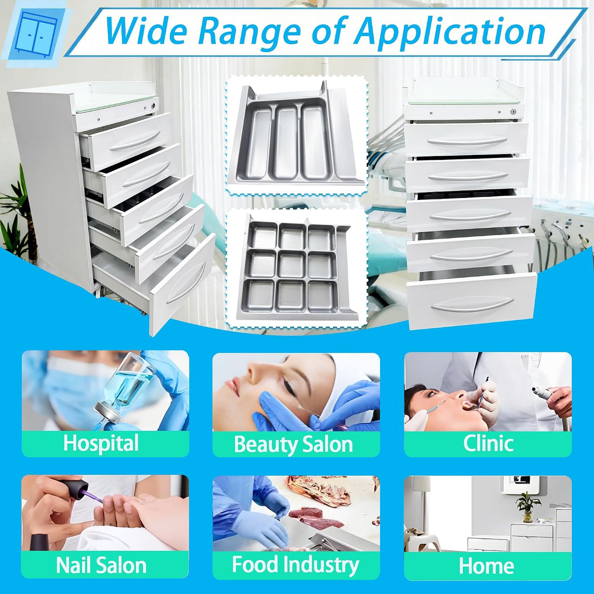 5-Drawer Mobile Storage Cabinet Stainless Steel Medical Storage Cart White Utility Trolley Cart with Glass Countertop, Lock, 2 Trays, Silent Gliding Rails for Home Clinic Hospital Office